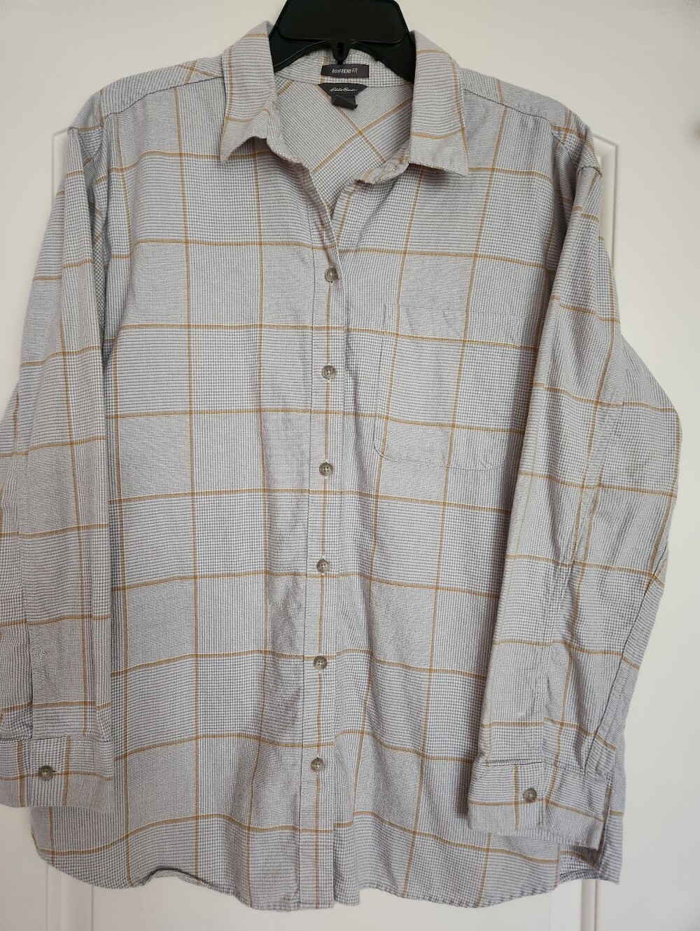 Womens Eddie Bauer Gray Button-Down Shirt with Tan Windowpane Plaid Size L